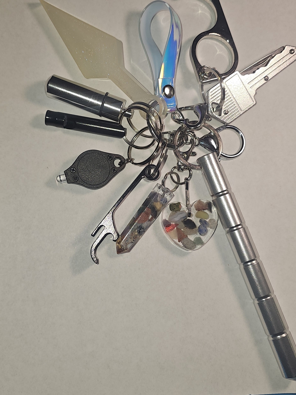 Multi-Tool Keychain Set Resin Heart Charm Filled With Chakra Chips